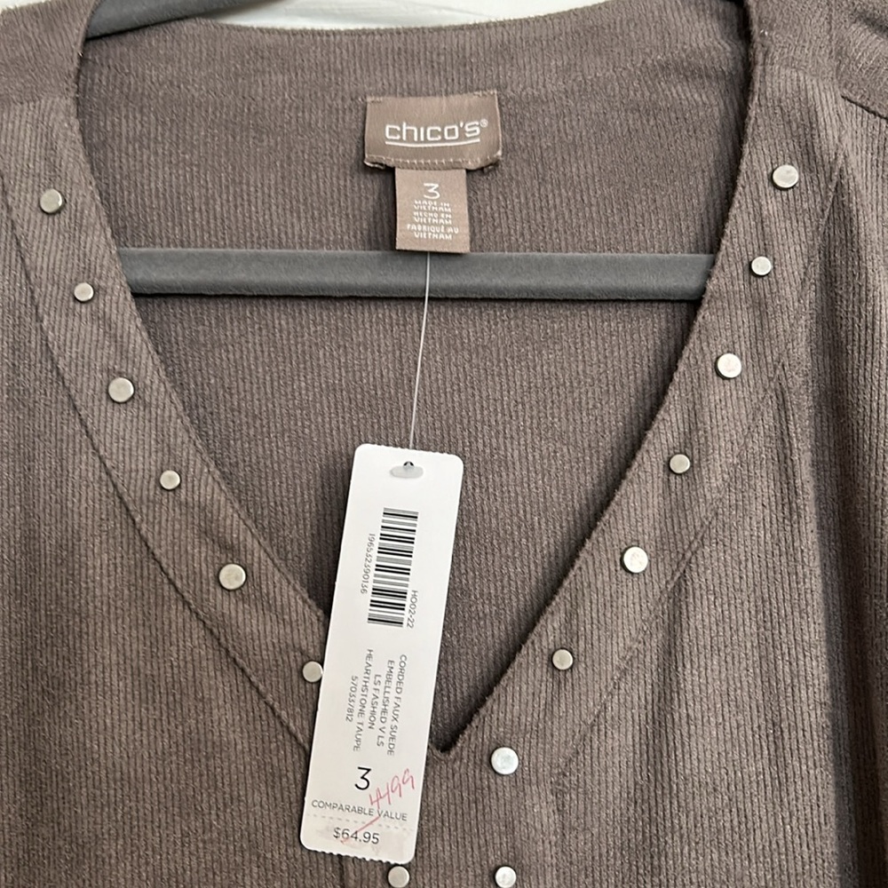 Chico’s size 3 NWT embellished faux suede long sleeve shirt. Hearthstone Taupe. - Picture 2 of 9